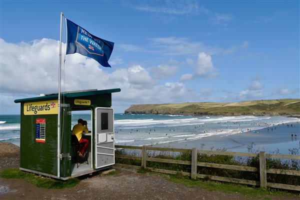 Lifeguard hut overlooking Polzeath beach, Cornwall
