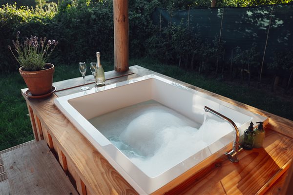 Outside double bath for an evening soak. Japanese soaking tub to watch the sun go down.