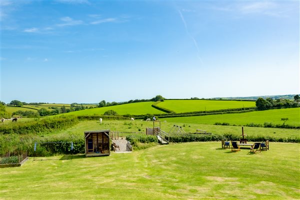 grass area with firepit and playground