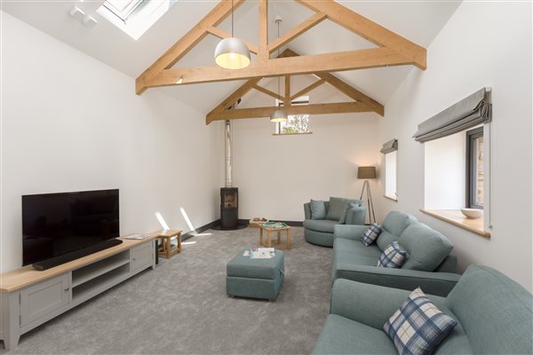 Blue sofa in lounge area with large TV and exposed oak beams