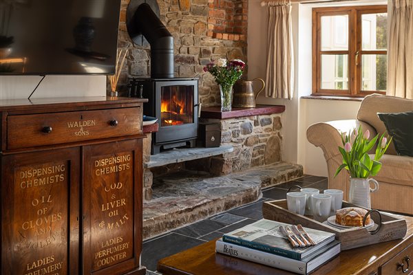 old farmhouse living room log burner