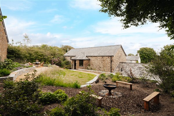 View of garden and firepit