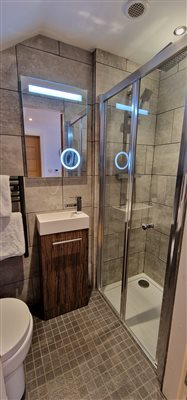the en-suite with washbasin, toilet, enclosed shower and vanity mirror with lights