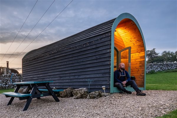 glamping pod at dusk 