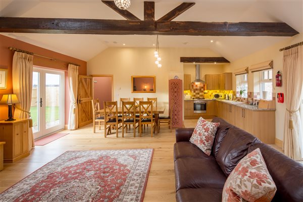 Large open plan living room with brown sofa nd dining table