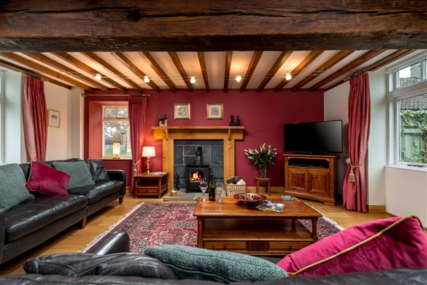 Large room with beams and woodburner