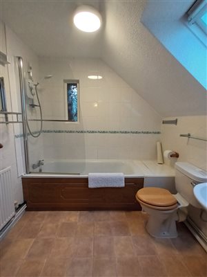 Threshing Barn bathroom. Bath with shower over.