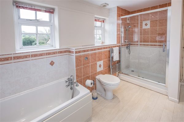 Large bathroom with bath and shower