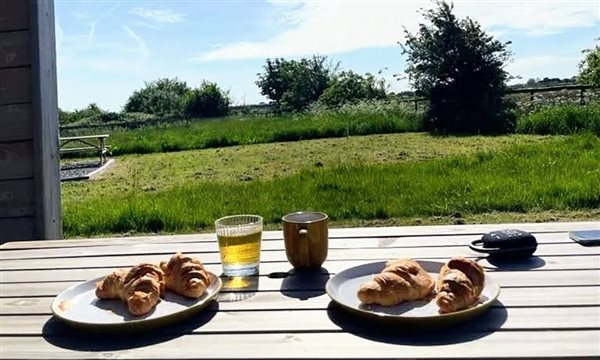 Breakfast outside our glamping pods with croissants, orange juice and a cup of tea