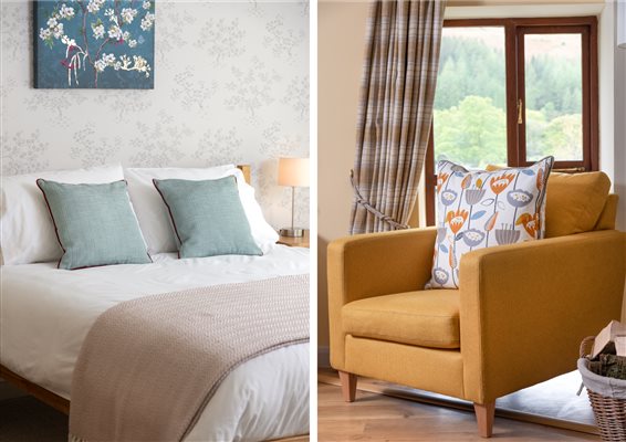 armchair with view, king-sized bed holiday cottage