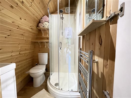 En suite shower room  at Mosedale End Farm Glamping Pod