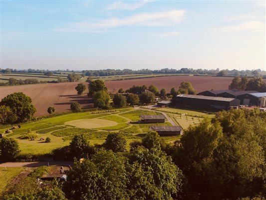 Aerial view of farms and fields