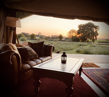 view from safari tent across evening skies and meadow