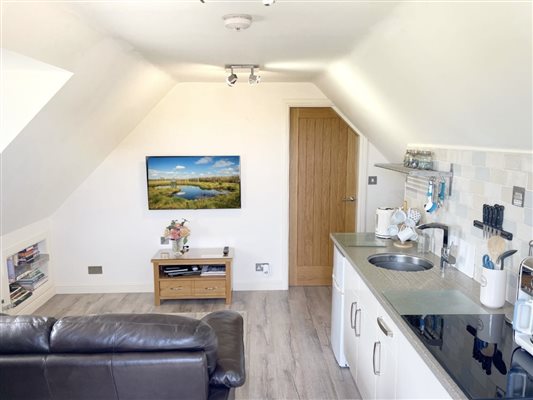 Open plan living dining area with kitchenette. Leather sofa, wall mounted television, kitchenette facilities including kettle, fridge freezer, coffee machine.