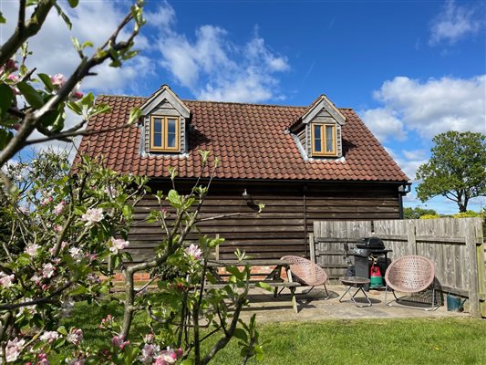 Image of Oakloft apartment. Oak framed building with pan tile roof and dormer windows, patio and barbeque area, seen from picnic orchard.