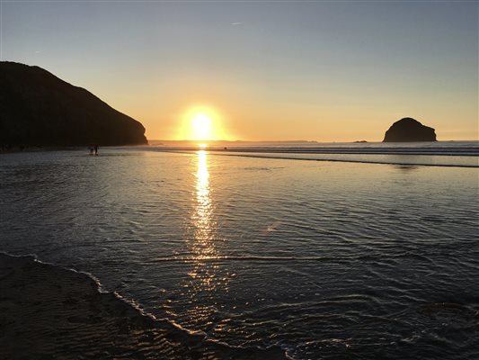 Sunset on the beach at Trebarwith Strand, North Cornwall