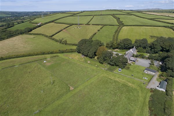 Overhead drone shot of Tredarrup Farm, Cornwall