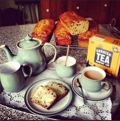 Homemade Cornish tea cake on arrival 