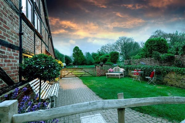 enclosed garden with dusky pink sky