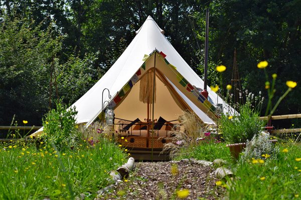 Canvas bell tent on wooden decking set within wild flower and grass 