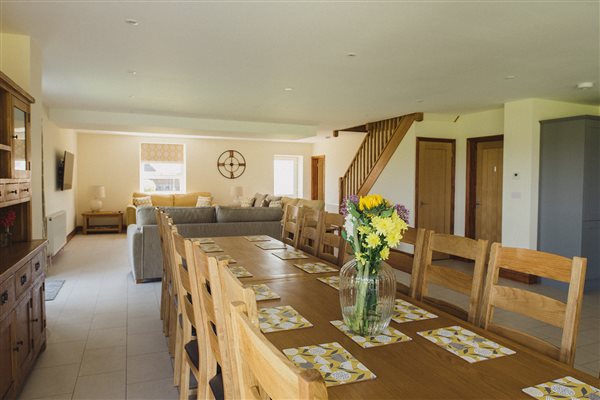 Open plan kitchen, dining and living areas