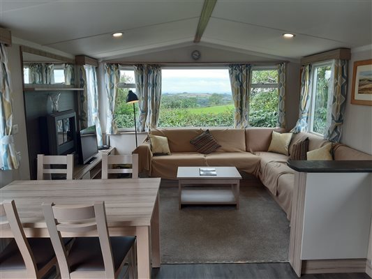 Lounge in Caravan 2 overlooking open countryside