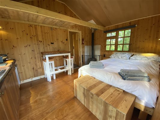 The living space, including log burner