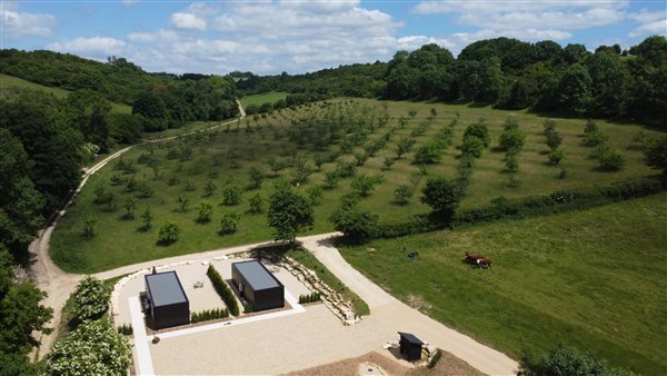 Our Bantam houses over looking an Organic Orchard 