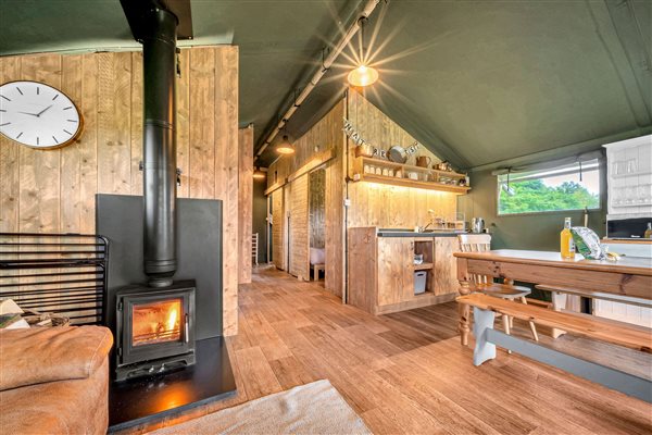 Herefordshire glamping safari tent wood burner